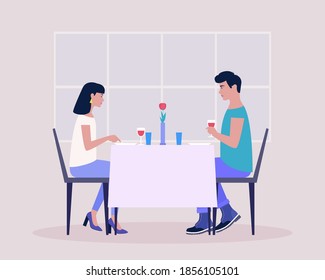 Two Friends Have Dinner In A Restaurant. Young Couple Having Dinner In A Restaurant. Romantic Date. Drink Wine. Colorful Flat Vector Illustration.