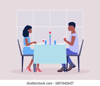 Two Friends Have Dinner In A Restaurant. Young Couple Having Dinner In A Restaurant. Romantic Date. Drink Wine. Colorful Flat Vector Illustration.