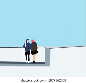 Dos amigos conversando casualmente mientras caminan por la calle. Concepto de discusión de niñas, amistad de mujeres, discusión emocional, gesto, chisme