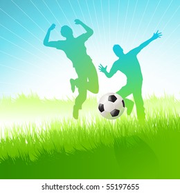 Two friends having fun with a football. Vector illustration.