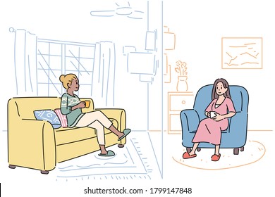Two friends are having a video chat and transferring data. hand drawn style vector design illustrations. 