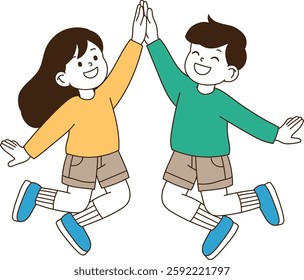 Two friends are high-fiving with joy. minimal line art vector illustration. 