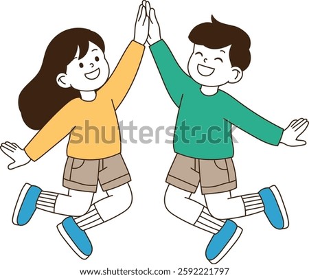 Two friends are high-fiving with joy. minimal line art vector illustration. 