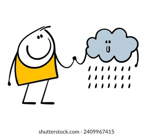 Two friends holding hands. Cartoon friendly rain cloud stickman. Vector illustration of good weather and acceptance of the situation. Flat graphic art isolated on white background.