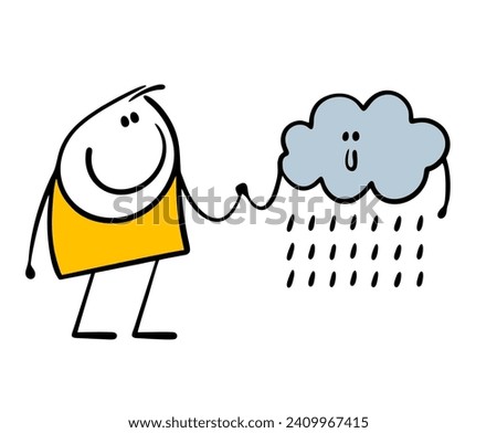 Two friends holding hands. Cartoon friendly rain cloud stickman. Vector illustration of good weather and acceptance of the situation. Flat graphic art isolated on white background.