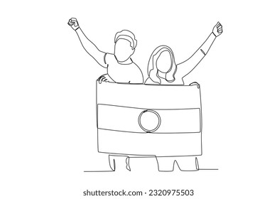 Two friends holding Indian flags. India independence day one-line drawing