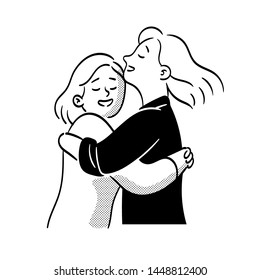 two friends hug each other tightly, the concept of friendship between women, illustration of black and white line vector characters