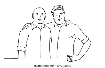 Two friends are hugging. Male Friendship. Hand drawn vector illustration.