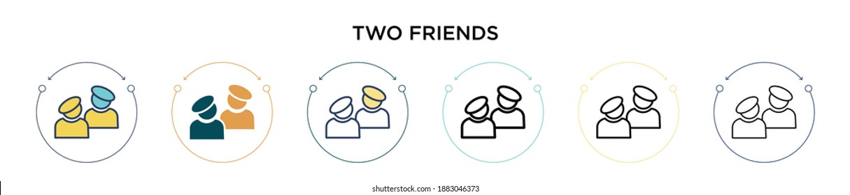 Icono de dos amigos en el estilo relleno, delgado, contorno y trazo. Ilustración vectorial de dos amigos de color y negro dos diseños de iconos vectoriales se pueden usar para móviles, ui, web
