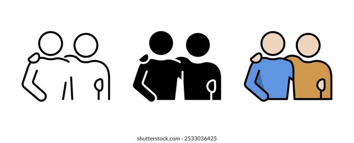 Two friends icon set. Friendship symbol. Buddy partnership sign. Homosexual relationships vector illustration. Gay couple pictogram. Fellowship and brotherhood concept. Two men hugging silhouette.