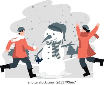 Dois amigos alegremente construir bonecos de neve e jogar em meio a uma paisagem nevada, rindo e moldando bolas de neve