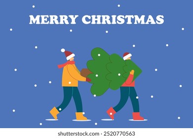 Two friends joyfully carry Christmas tree across the snowy landscape, rejoicing in the festive mood. Christmas Card. Vector