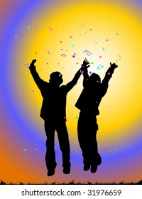 Two friends jumping for joy!