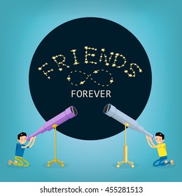 Two friends looking into telescopes at the stars. On the sky it is written "friends forever". Concept of Happy friendship day.  Flat design vector illustration
