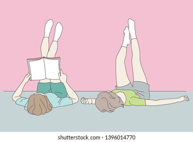 Two friends lying on the wall with their legs. hand drawn style vector design illustrations.