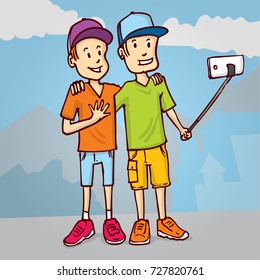 Two friends is making a selfie. Hand drawn cartoon vector illustration.