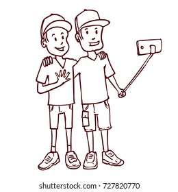 Two friends is making a selfie. Hand drawn cartoon vector illustration.