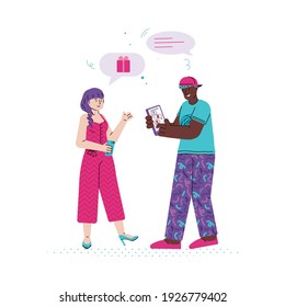 Two friends man and woman cartoon characters sending messages via messenger app, flat vector illustration isolated on white background. People with sms bubbles.