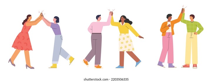 Two friends meet and high-five flat design style vector illustration.