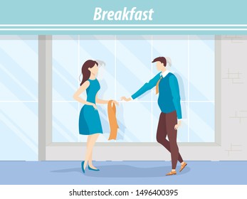 Two Friends Meeting Outdoor near Cafe for Breakfast. Woman in Dress and Man in Suit Standing Talking. Date Romantic Female and Male Character in Love Together Having Lunch. Vector Illustration.