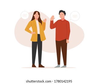 Two friends meeting waving hello with dialogue speech bubbles. Social and friendship concept. Vector illustration in flat style