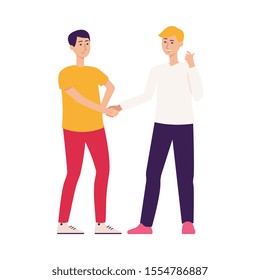 Two friends men cartoon characters, give recommendation or advice to use company services or share user experience, flat vector illustration isolated on white background.