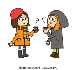 Two friends met and drink coffee together. Vector illustration.