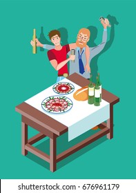 Two Friends Met To Spend Time In Pleasant Communion. A party in the restaurant. Vector illustration
