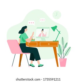 Two friends on video meeting. Video call concept. Flat vector illustration.