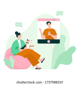 Two Friends On Video Meeting. Video Call Conference, Working From Home, Social Distancing, Business Discussion. Flat Vector Illustration.