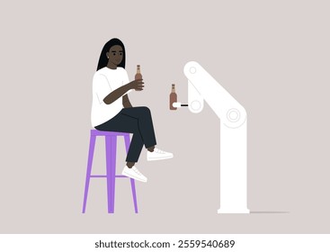 Two friends, one human and one robot, sit together at a bar, both holding frosty beers, The atmosphere is futuristic yet warm, filled with a lively conversation