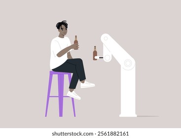 Two friends, one human and one robot, sit together at a bar, both holding frosty beers, The atmosphere is futuristic yet warm, filled with a lively conversation