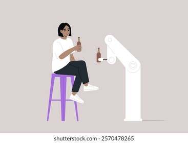 Two friends, one human and one robot, sit together at a bar, both holding frosty beers, The atmosphere is futuristic yet warm, filled with a lively conversation