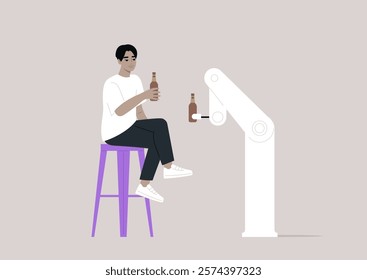 Two friends, one human and one robot, sit together at a bar, both holding frosty beers, The atmosphere is futuristic yet warm, filled with a lively conversation