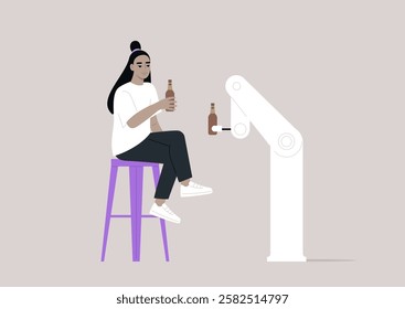 Two friends, one human and one robot, sit together at a bar, both holding frosty beers, The atmosphere is futuristic yet warm, filled with a lively conversation