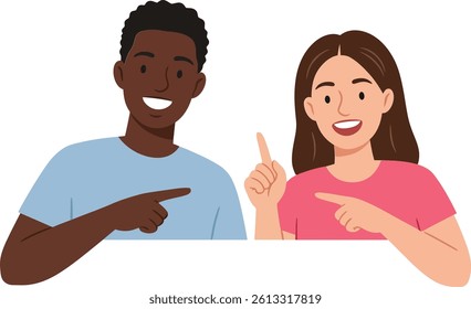 Two friends, one male and one female, smile and point towards each other, showcasing friendship and positivity in a minimalistic vector style.