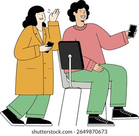 Two friends, one standing and waving, the other sitting and holding a phone, both smiling. Modern, casual style.
