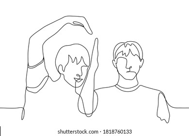 two friends, one of whom is trying to create a heart shape from his hands together with a nearby friend, but his friend does not want it. one continuous line drawing concept of rejection of love