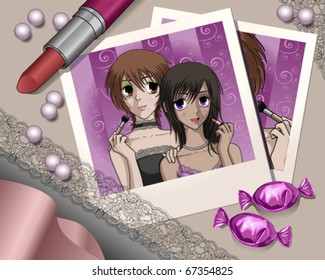Two friends pictures laying on table with other objects
