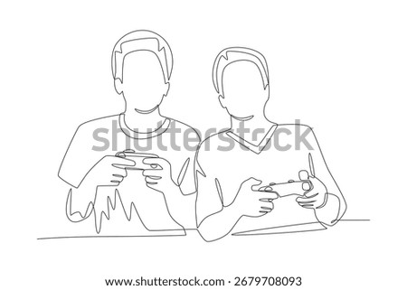 Two friends playing competitive games on a PS console. Co‑op game concept one-line drawing
