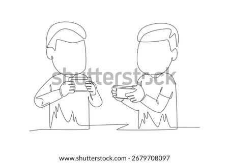 Two friends playing a competitive mobile game. Co‑op game concept one-line drawing