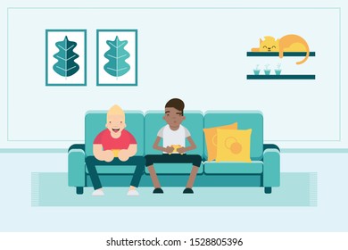 two friends playing games sitting on the sofa illustration
