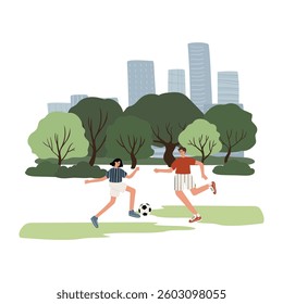 two friends playing soccer in a park with a city skyline in the background. Green trees, open space, and an active outdoor scene. Fun sports activity for people. Flat vector illustration.
