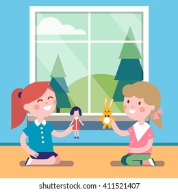 Two friends playing with toy dolls together at the big window. Happy girls characters. Modern flat vector illustration clipart.