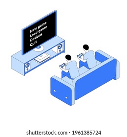 Two friends are playing a video game. Players are sitting on the couch and they are using the game controllers. 