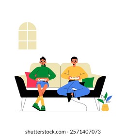 Two Friends Playing Video Games In Flat Vector Illustration Symbolizing Modern Entertainment, Friendship, And Leisure, Isolated On White Background