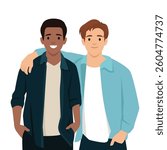 Two friends pose together with their arms around each other, warmth and camaraderie. Flat vector illustration isolated on white background