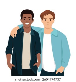 Two friends pose together with their arms around each other, warmth and camaraderie. Flat vector illustration isolated on white background