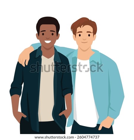 Two friends pose together with their arms around each other, warmth and camaraderie. Flat vector illustration isolated on white background