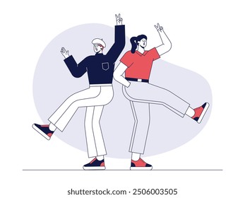 Two friends posing and dancing together happily, outline style, friendship vector illustration.